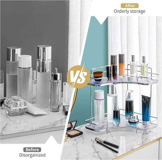 Seoneiro 2 Tier Corner Bathroom Counter Organizer, Cosmetic Skincare Organizer, Bathroom Countertop Perfume Tray Vanity Organizer, Kitchen Spice Corner Storage Shelf