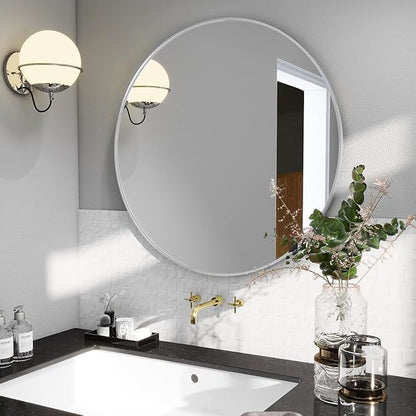 BEAUTYPEAK 24 Inch Round Mirror, Metal Frame Circle Mirror, Wall Mounted for Entryway, Bathroom, Vanity, Living Room, White