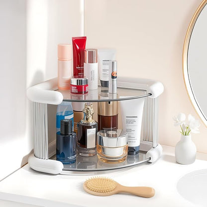Corner Bathroom Counter Organizer, Perfume Skincare Organizers and Storage Countertop, Makeup Shelf for Vanity Dresser, Tiered Counter Top Skin Care Holder, 2 Tier, White