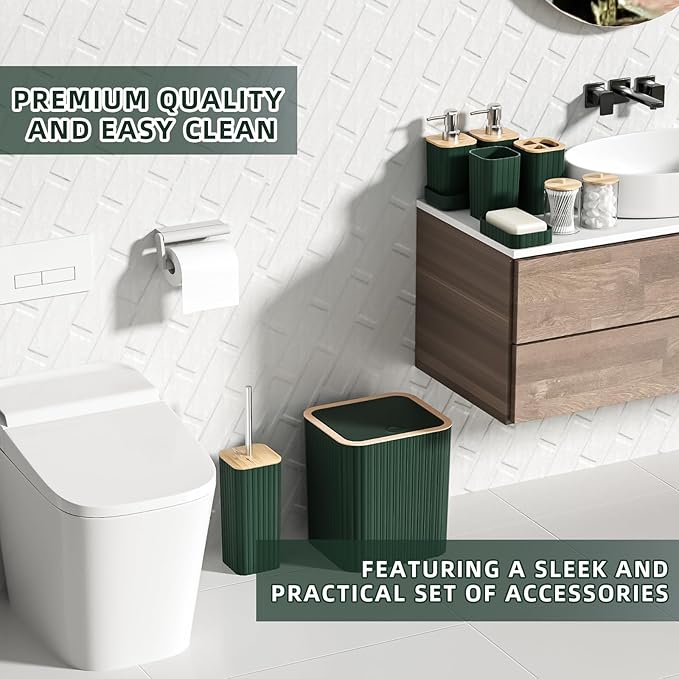 Bathroom Accessories Set - 25PC Green Bathroom Set, Bathroom Set with Shower Curtain and Rugs, Green Shower Curtain Set, Toilet Brush, Bathroom Trash Can