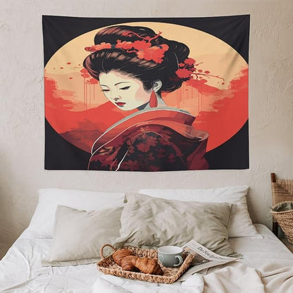 Japanese Woman Geisha Tapestry Asian Cherry Blossom Red Sun Traditional Kimono Folk Tapestries Home Decor for Living Room Bedroom Apartment Farmhouse Dorm 40"x30"
