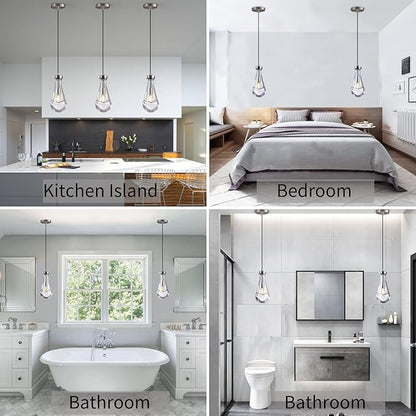 Raindrop Pendant Lights Set of 3, Modern Pendant Lights Kitchen Island 3 Pack, Brushed Nickel Island Light, Pendant Light for Bedroom Bathroom, Chandelier for Living Room Hallway