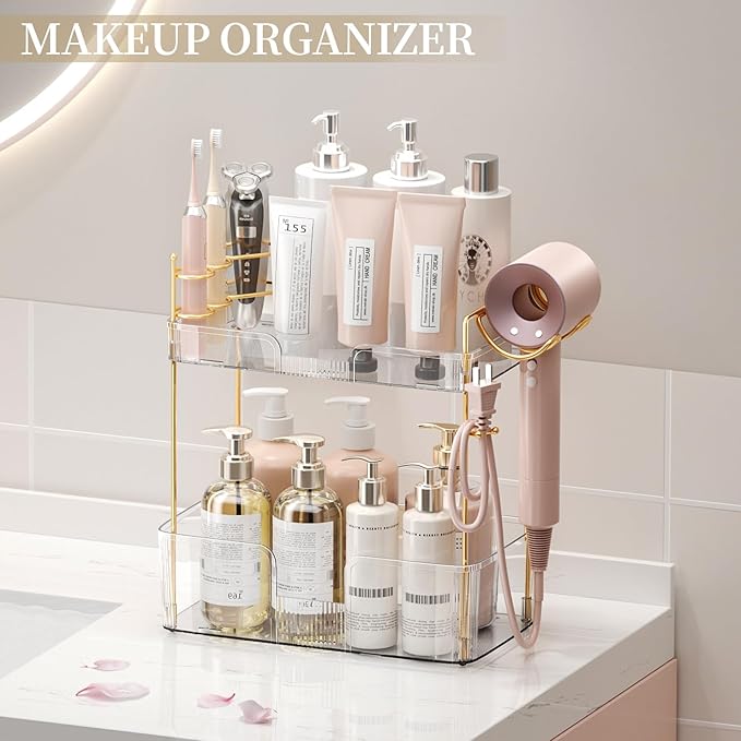Bathroom Counter Organizer with Hair Dryer Holder, Hair Tool Countertop Storage, Cosmetics Skincare Shelf Organizer, Makeup Organizer Perfume for Dresser Vanity Tray(2 Tier-White)