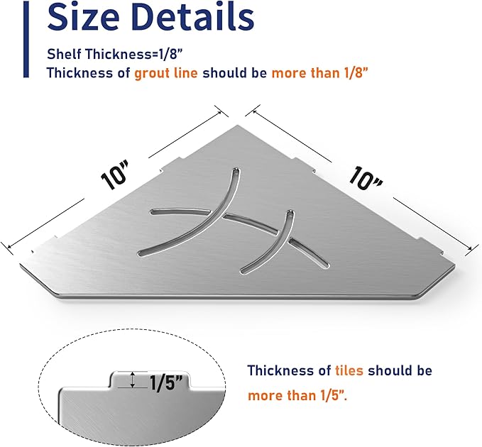 Corner Shower Shelf 10" Brushed 304 Stainless Steel Pentagonal Corner Shelf Recessed Bathroom Shower Shelf, No Drilling