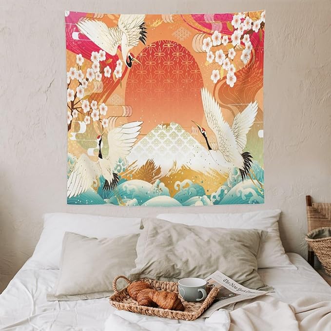 HZOHNAGO Japanese Tapestry Cherry Blossom Crane Sea Wave Fuji Mountain Red Sun Pattern Printed Wall Tapestry Painting Wall Hanging for Bedroom Living Room Dorm 60" W x 60" H