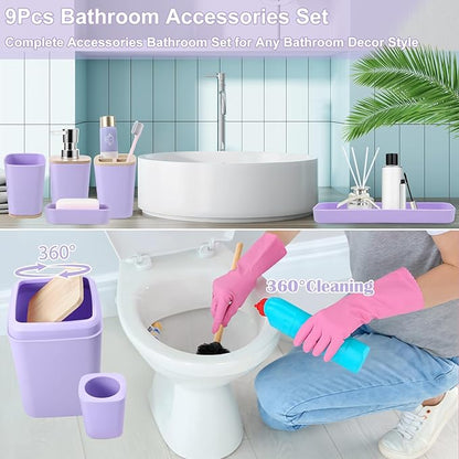 Purple Bathroom Accessories Set, 9 Piece Purple Bathroom Accessory Set with Trash Can,Toothbrush Holder,Toothbrush Cup,Lotion Soap Dispenser,Vanity Tray,Soap Dish,Toilet Brush,Qtip Holder