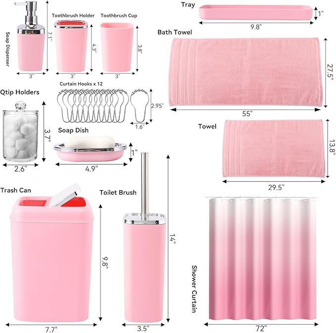 Pink Bathroom Accessories, 24 Pieces Pink Bathroom Accessories Set with Shower Curtain, Bath Towels, Trash Can, Soap Dispenser and Soap Dish for Bathroom/Housewarming