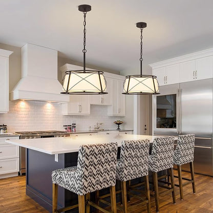 15.7" Black Drum Chandelier,3-Light Modern Farmhouse Chandelier,White Fabric Drum Shade Pendant Light Fixture for Dining Room Kitchen Island Bedroom Entryway