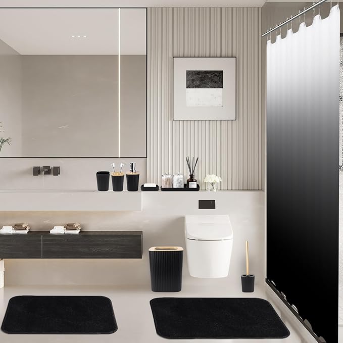 Bathroom Sets with Shower Curtain and Rugs,Black Bathroom Set with Bathroom Trash Can,Soap Dispenser,Toilet Brush,Toothbrush Set,Qtip Holders for Housewarming