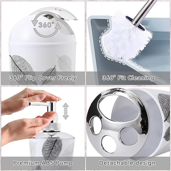 8 Piece Grey Bathroom Sets with Toothbrush Holder,Toothbrush Cup,Lotion Soap Dispenser,Soap Dish,Toilet Brush,Trash Can,Qtip Holder