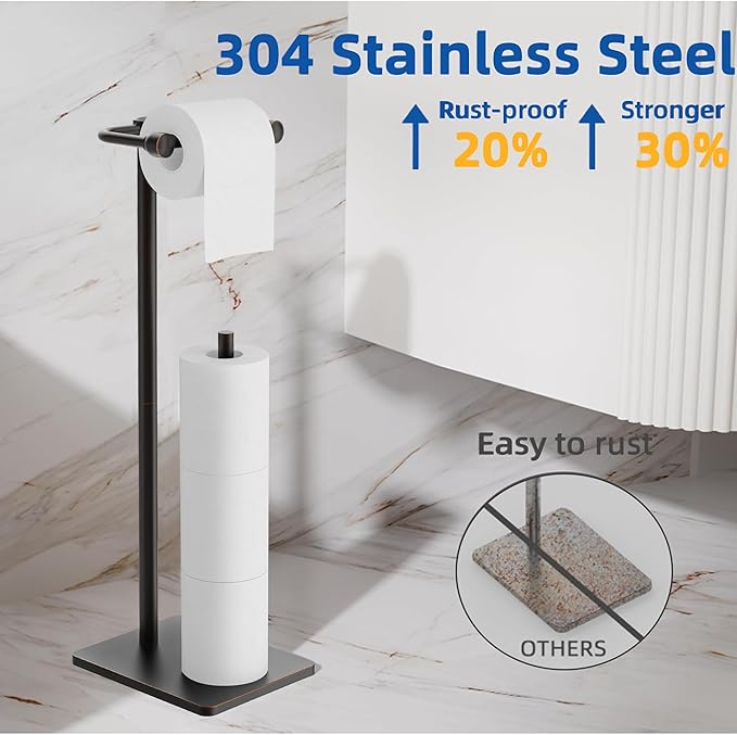 RUACQ Toilet Paper Holder Stand, Bathroom Toilet Paper roll Holder Free Standing with Storage for 4 Rolls, Post Pivoting Design, Stable Weighted Base, SUS304 Stainless Steel (Oil Rubbed Bronze)