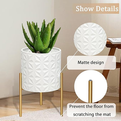ARNIS Modern Planter Pots, Set of 2 Large Planters with Stand, Decorative Planters, Metal Pots with Drainage Holes for Living Room, Office, Garden or Balcony, 8.25 &10.5 Inch, Matte White