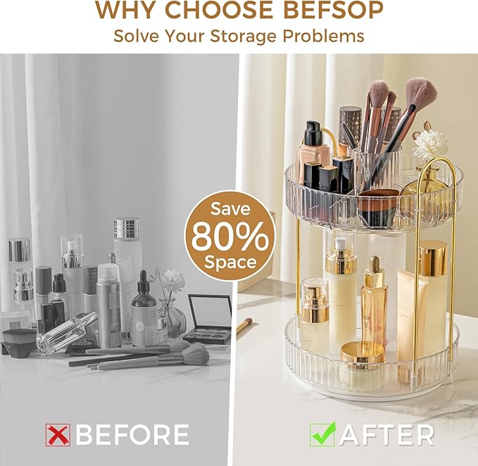 360° Rotating Makeup Organizer, Upgraded 2 Tier Skincare Perfume Organizers for Women, Bathroom Organizer Countertop, Clear Cosmetic Dresser Organizer with Makeup Brush Holder, Sink&Counte (Clear)
