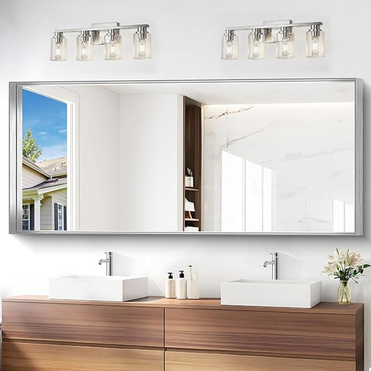 Silver Bathroom Mirror, 72x30 Inch Rectangular Deep Frame Mirror, Large Wall Mounted Bathroom Vanity Mirror Over Sink for Bedroom,Restroom, Living Room, Hangs Vertically or Horizontally