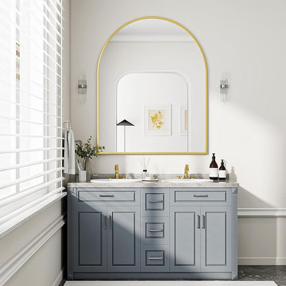 BEAUTYPEAK 36"x48" Arch Bathroom Mirror, Wall Mounted Vanity Metal Frame Mirror for Bedroom, Entryway, Living Room, Gold