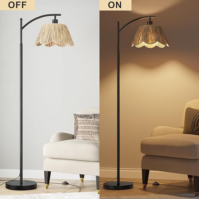 Oneach Arc Floor Lamp for Living Room with 3 Color Temperatures, Rattan Boho Floor Lamp with Hand-Woven Wicker Shade,Farmhouse Floor Lamps with Remote & Dimmable Bulb, Suitable for Bedroom（Black）