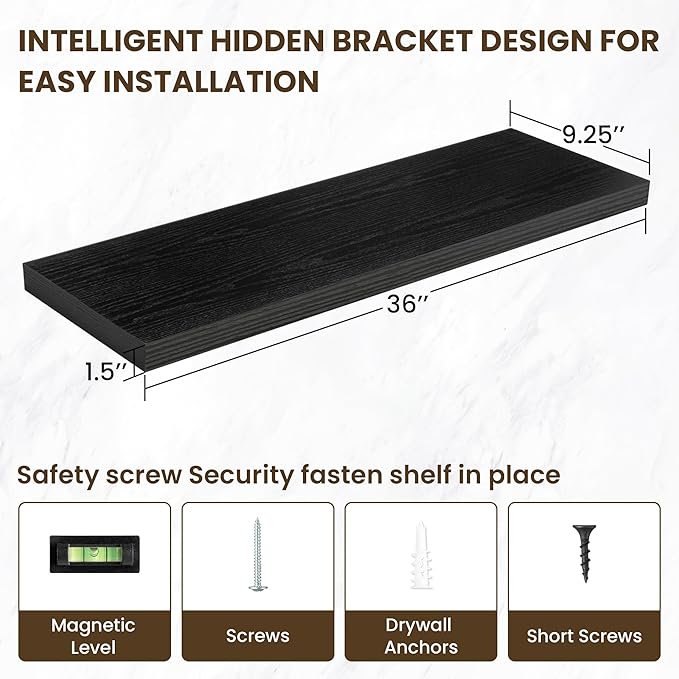 36 Inch Floating Shelves, 36"x9.25"x1.5" Inch Deep Floating Shelves for Wall, Wooden Shelves for Bathroom, Bedroom, Living Room, Black, 2 Pieces