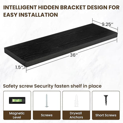 36 Inch Floating Shelves, 36"x9.25"x1.5" Inch Deep Floating Shelves for Wall, Wooden Shelves for Bathroom, Bedroom, Living Room, Black, 2 Pieces