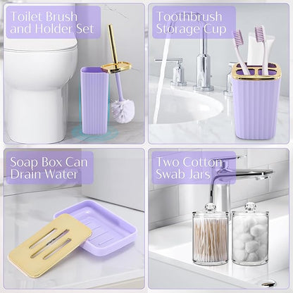 17PCS Bathroom Accessory Set Bathroom Set Purple Bathroom Accessories,Toilet Brush, Trash Can, Qtip Holder Dispenser& 3PCS Soap Dispenser