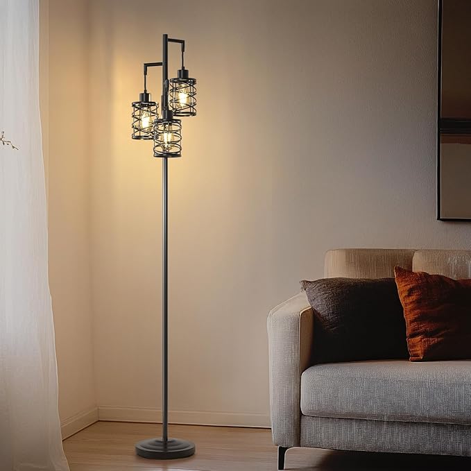 Oneach 70" Industrial Floor Lamp, Stepless Dimmable Standing Lamp with 3 Bulbs, Farmhouse Corner Standing Tree Lamp for Living Room, Tall Lamps for Bedroom, Office, Study Room, Dining Room, Black