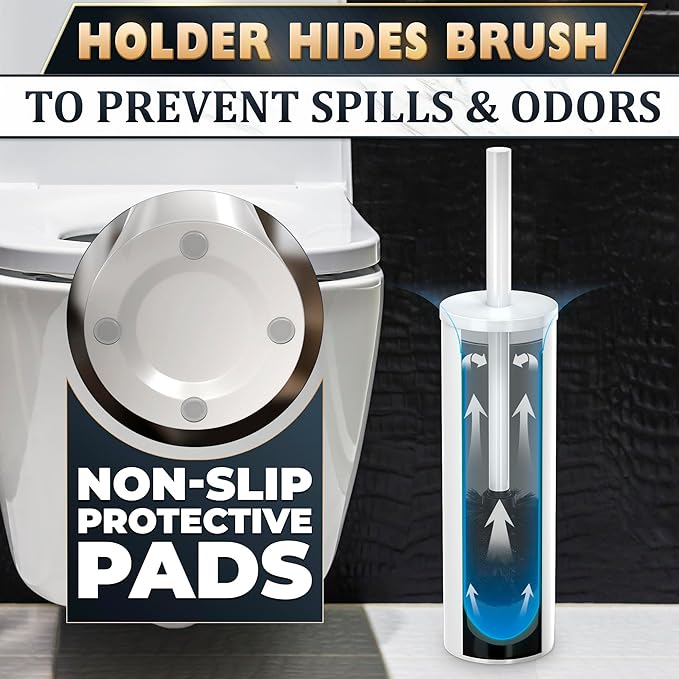 Stainless Steel Toilet Brush and Holder Set White - Long Handle Toilet Bowl Cleaner Brush and Holder - Removable Inner Liner, Shiny Design, Splash Protection & Dense Bristles for Bathroom Cleaning