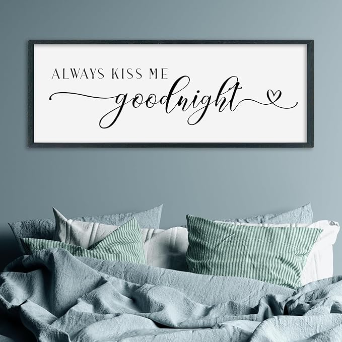 SRSZHIYUE Always Kiss Me Goodnight Sign Wall Decor Art for Master Bedroom Above Bed 32"×12" Large Wood Framed Wall Hanging (Black)