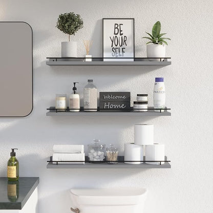 WOPITUES Floating Shelves 24 inch with Black Metal Guardrail, Shelves for Wall Decor Set of 3, Wall Shelves for Bedroom, Bathroom, Kitchen, Living Room, Plants, Picture Frames, Art- Grey