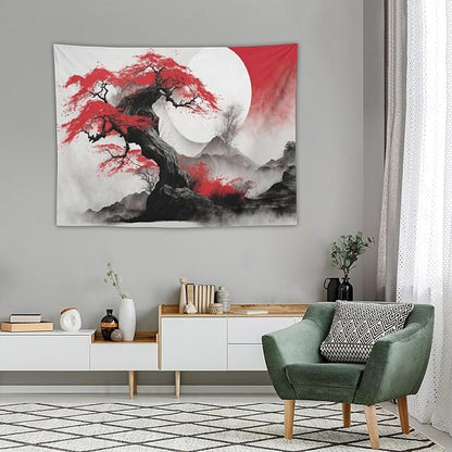 Cherry Blossoms Tapestry, Japanese Red Landscape Asian Abstract Art, Bedroom Living Room Decor 40"x30"