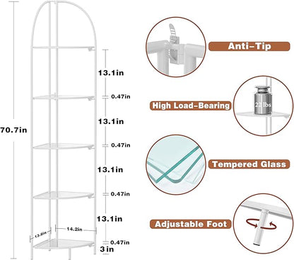 Crofy Foldable 5 Tier Corner Shelf, Metal Corner Plant Stand with White Frame and Transparent Shelves, Corner Display Rack Multipurpose Shelving Unit for Living Room, Bedroom, Bathroom