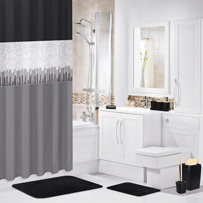 Bathroom Sets with Shower Curtain and Rugs,24PCS Black Bathroom Set Shower Curtain Set with Bathroom Trash Can Bathroom Accessories