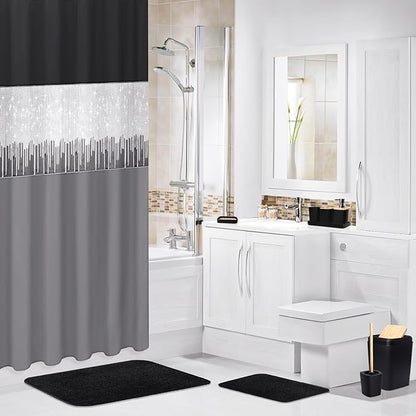 Bathroom Sets with Shower Curtain and Rugs,24PCS Black Bathroom Set Shower Curtain Set with Bathroom Trash Can Bathroom Accessories
