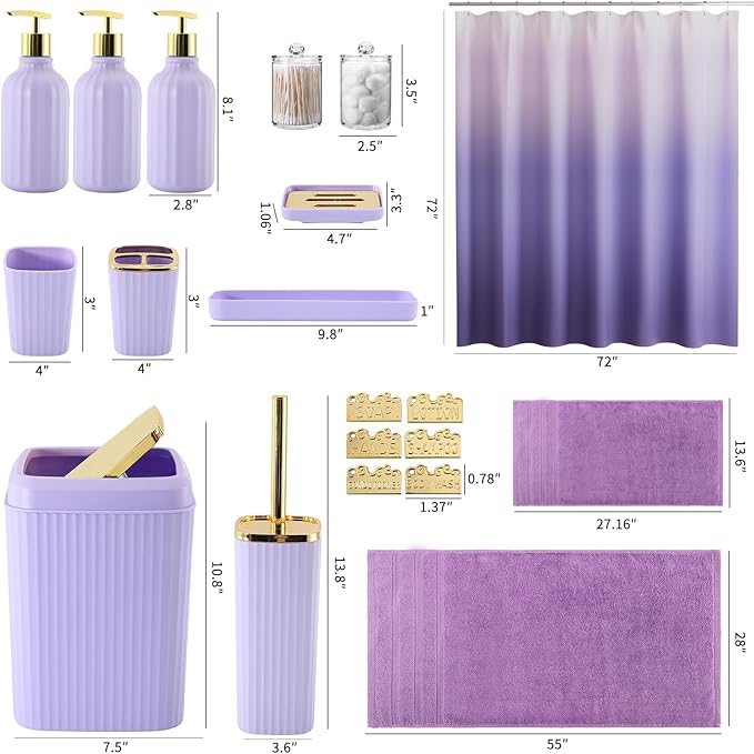 32PCS Bathroom Accessories Set Bathroom Set,Purple Shower Curtain Set,Bath Towel Set,Hand Towel,Toilet Brush,Trash Can & 3PCS Soap Dispenser