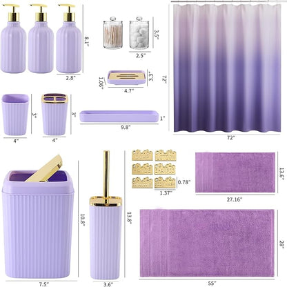 32PCS Bathroom Accessories Set Bathroom Set,Purple Shower Curtain Set,Bath Towel Set,Hand Towel,Toilet Brush,Trash Can & 3PCS Soap Dispenser