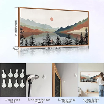 Tinonedraw Boho Mountain Framed Canvas Wall Art Set, Watercolor Nature Landscape Wall Decor, Neutral Modern Sunrise Artwork, Black Pine Trees Forest Art Prints for Living Room Bedroom Office 20"x40"