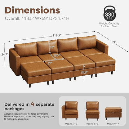 118.5" Luxury Modular Sleeper Sofa Bed with Storage Seat, 8 Seat Sectional Couch Deep Seat with Reversible Chaises & Removable Cover - Brown Faux Leather