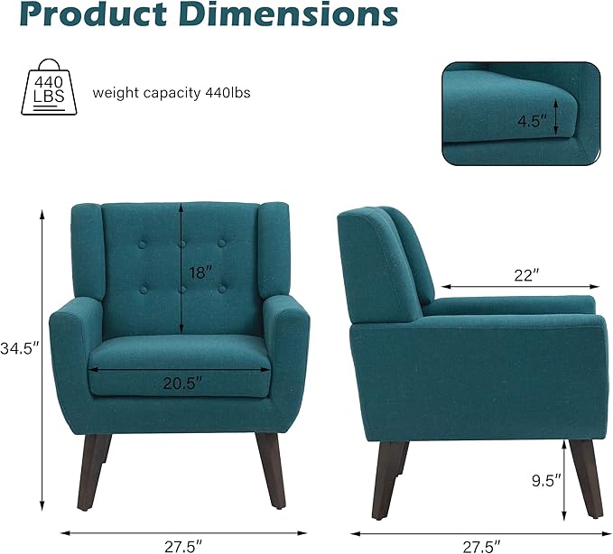 UIXE Accent Chair Modern Arm Chair, Mid Century Upholstered Club Armchair, Comfy Single Lounge Sofa Living Room Button Tufted Armrest Reading Seat Bedroom Side Seating, Turquoise Blue