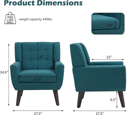 UIXE Accent Chair Modern Arm Chair, Mid Century Upholstered Club Armchair, Comfy Single Lounge Sofa Living Room Button Tufted Armrest Reading Seat Bedroom Side Seating, Turquoise Blue