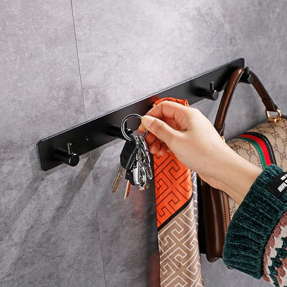 Black Wall Hooks, Matte Black Bathroom Hook Rail, Self Adhesive 5 Hooks Key Hook Rack Hanger Towel Robe Stick Hooks for Toilet Entryway Hallway Kitchen Wall Mounted