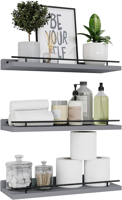 WOPITUES Floating Shelves with Black Metal Guardrail, Shelves for Wall Decor Set of 3, Wall Shelves for Bedroom, Bathroom, Kitchen, Living Room, Plants, Picture Frames, Art- Grey