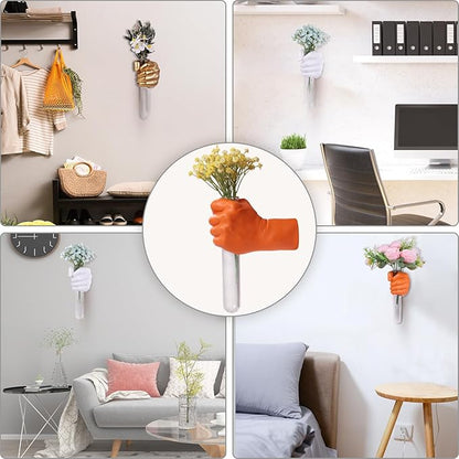 Orange Wall Sculptures, Hand Vases Home Decor, Wall Mount Art Sculpture, Unique Wall Art Statue, Funky Flower Vase Decorations, Modern Eclectic Hanging Decor,Glass Test Tube Vase (Orange)