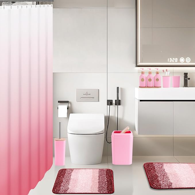 32PCS Pink Bathroom Accessories Set with Shower Curtain,Rugs,3PCS Lotion Soap Dispenser,6PCS Wood Tags Bath Accessories with Tray for Bathroom