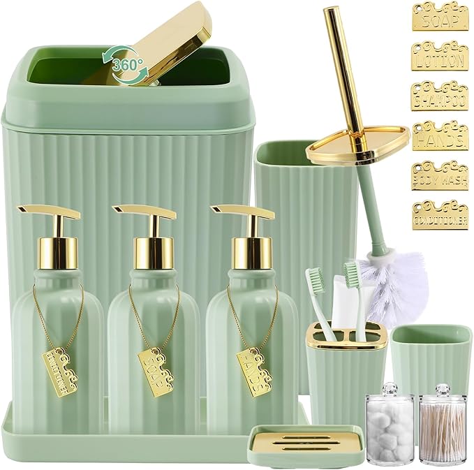 17PCS Bathroom Accessory Set Bathroom Set Green Bathroom Decor,Toilet Brush, Trash Can, Qtip Holder Dispenser& 3PCS Soap Dispenser