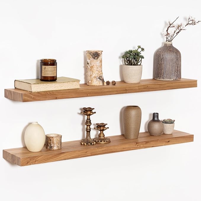 36 Inch Floating Shelves for Wall, Rustic Elm Wood Shelf for Home Decor, Heavy-Duty Wooden Floating Shelves for Kitchen, Wall Mounted Storage Shelves for Bathtoom, Living Room, Natural Color, Set of 2