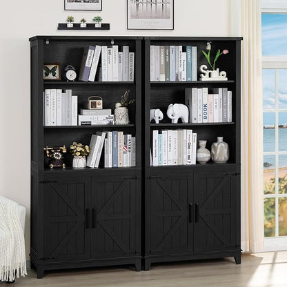 70in Tall Bookshelf 5 Tier Bookcase with Barn Doors and Adjustable Shelves, Black Farmhouse Book Shelf with Storage Cabinet, Wood Freestanding Display Bookshelves for Bedroom, Kitchen (3PCS)