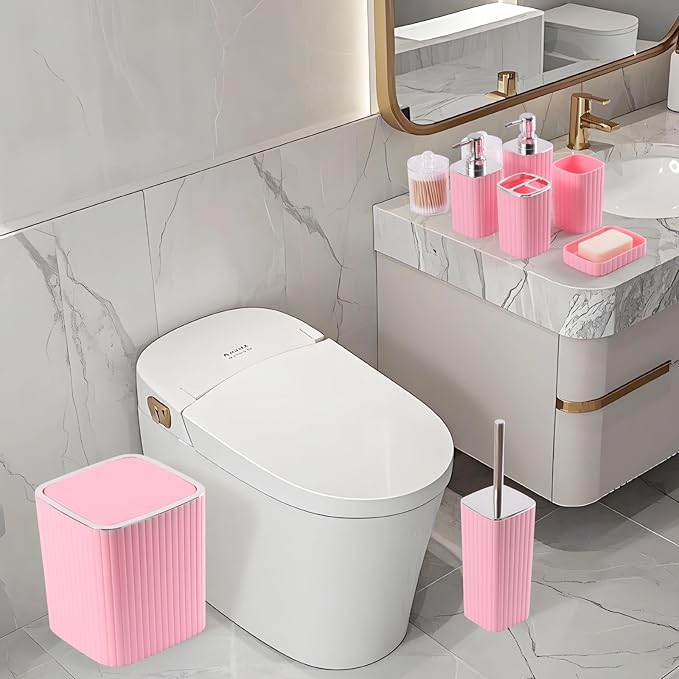 Bathroom Set with Shower Curtain and Rugs- 25PC Pink Bathroom Accessories, Shower Curtain Set, Toilet Brush, Trash Can, Qtip Holder Dispenser & Soap Dispenser