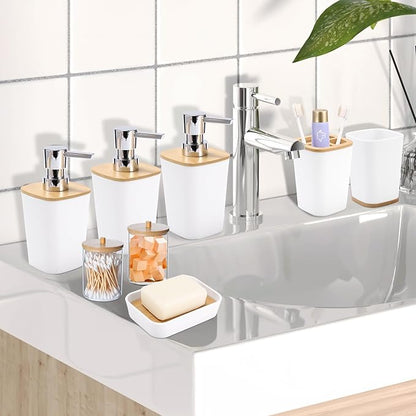White Bathroom Accessories, Bathroom Accessories Set with Trash Can, Soap Dispenser, Toothbrush Holder, Toothbrush Cup, Soap Dish, Toilet Brush, Tray and Q-tip Holders for Housewarming