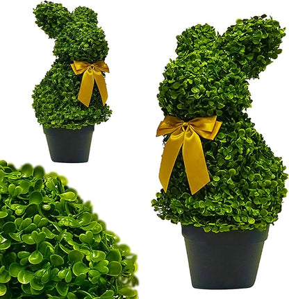 2 Pcs Artificial Bunny Shaped Topiary Trees, Artificial Green Boxwood Bunny Decorations with Gold Bow, Perfect for Indoor & Outdoor Front Porch, Easter& Garden Decor (Bunny Tree with Base)