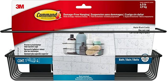 Command Shower Caddy Matte Black with Water Resistant Command Strips, Bathroom Organizer, Holds up to 6.5 lbs, 1 Count (Pack of 1)