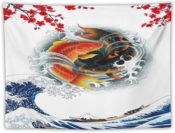 Houselerax Koi Fish Tapestry, Japanese Style Yin Yang Big Wave Cherry Blossoms Tapestries Wall Hanging for Bedroom Living Room Office Decor 80"x60"