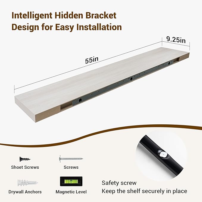 55 Inch Floating Shelves, 55"x9.25"x1.5" Inch Deep Floating Shelves for Wall, Wooden Shelves for Bathroom, Bedroom, Living Room, Cream White Oak